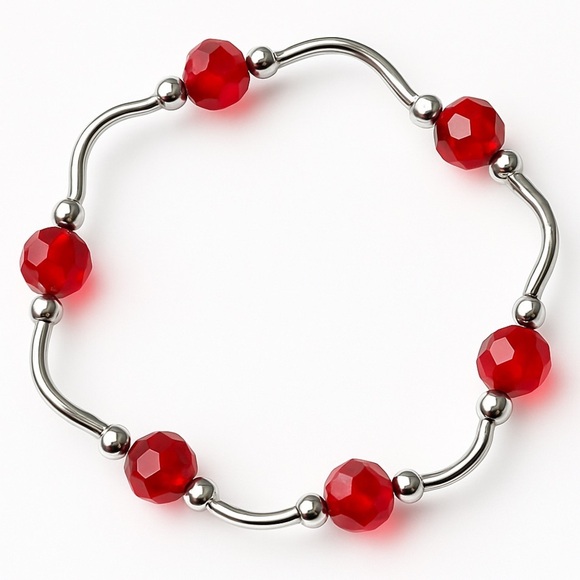 Set Of 3 Silver Tone Red Bead Coil Stretch Bracelets - Picture 2 of 5